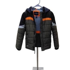 8005..Boys London Fog Puffer Jacket with Orange, Grn & Blk Highlights Size S/8